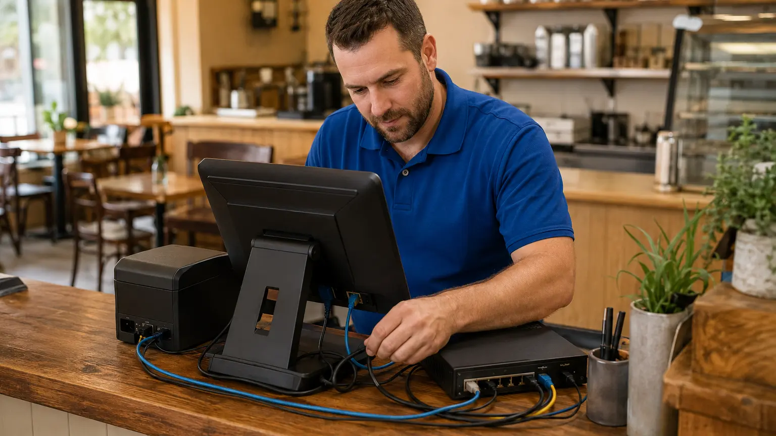 Professional IT technician servicing a point-of-sale and network setup inside a small restaurant