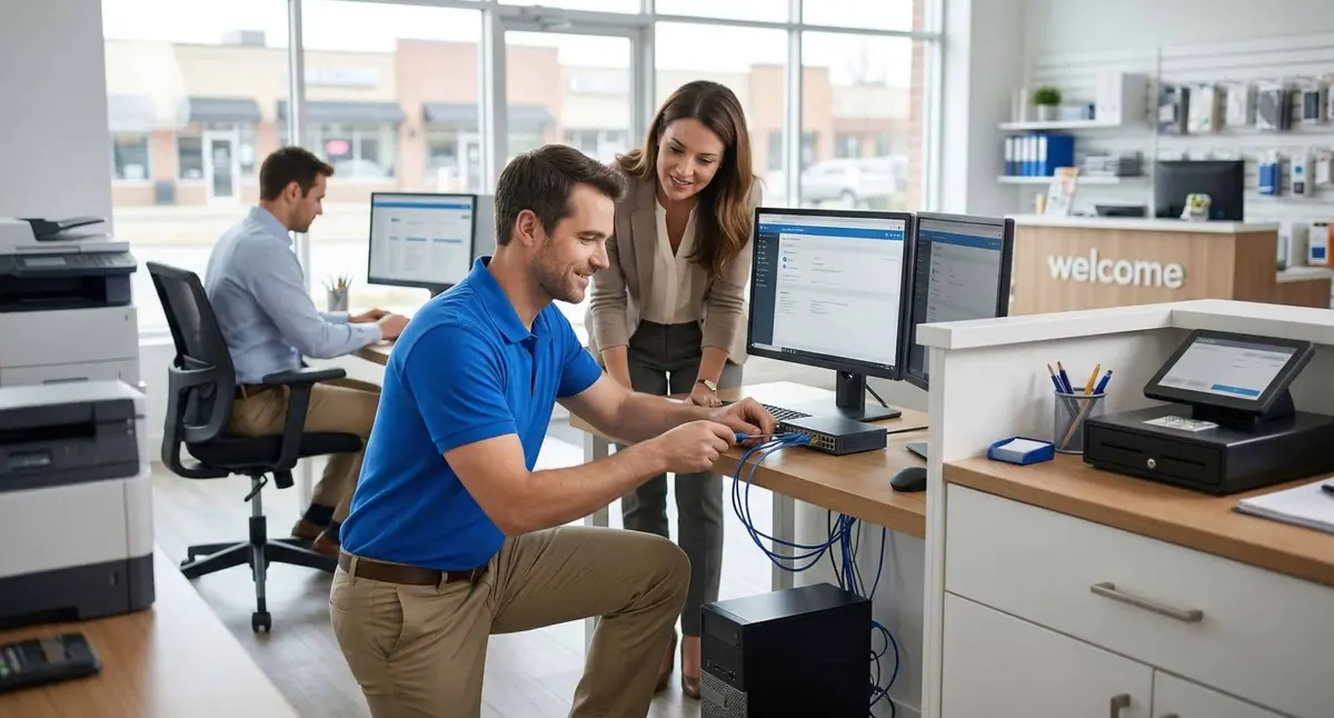 Onsite IT technician assisting employees in a modern small-business office